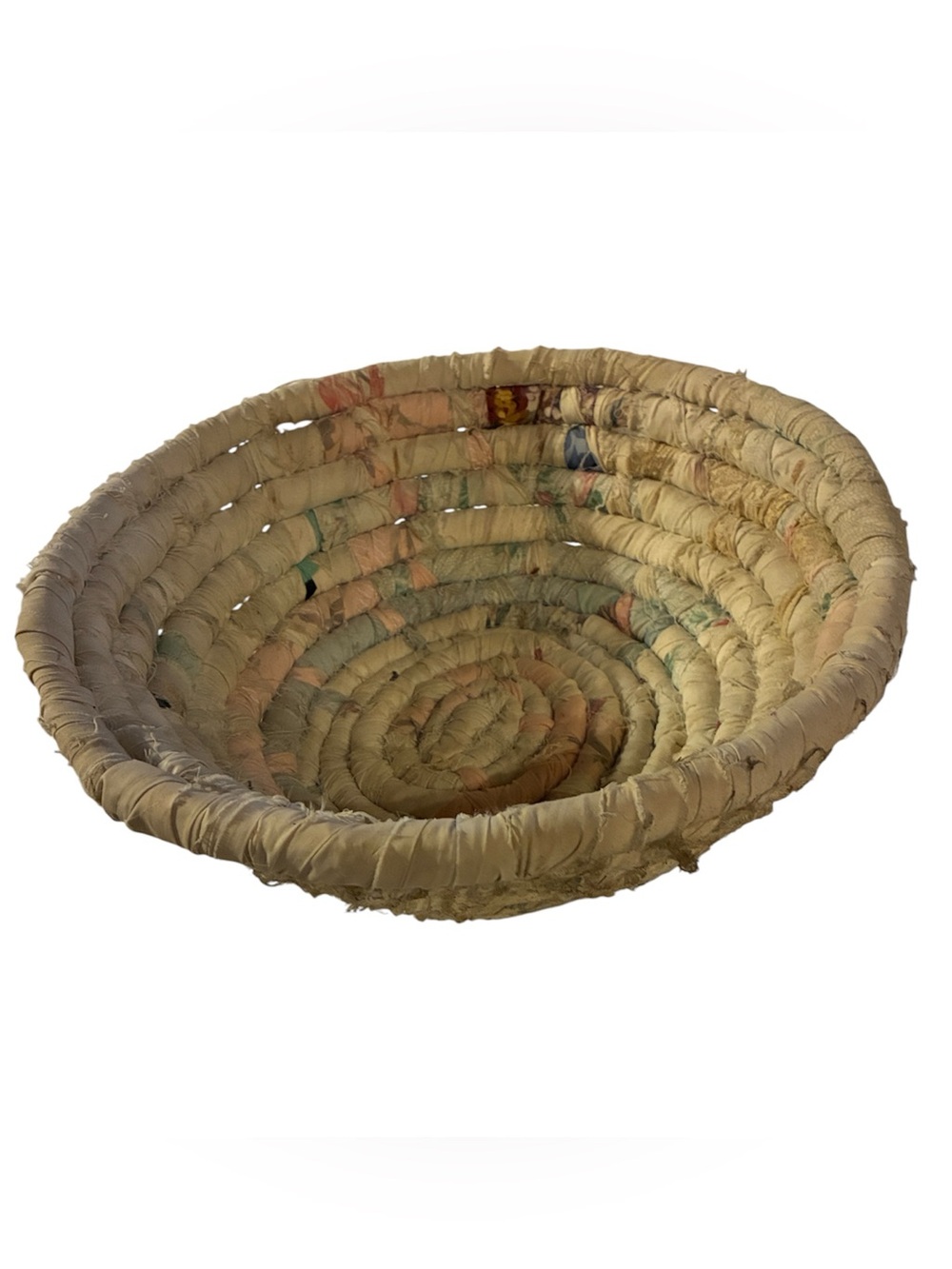 RAG Basket VTG Coil Quilted fabric w/Handmade Cotton Multi Color Coils Vintage